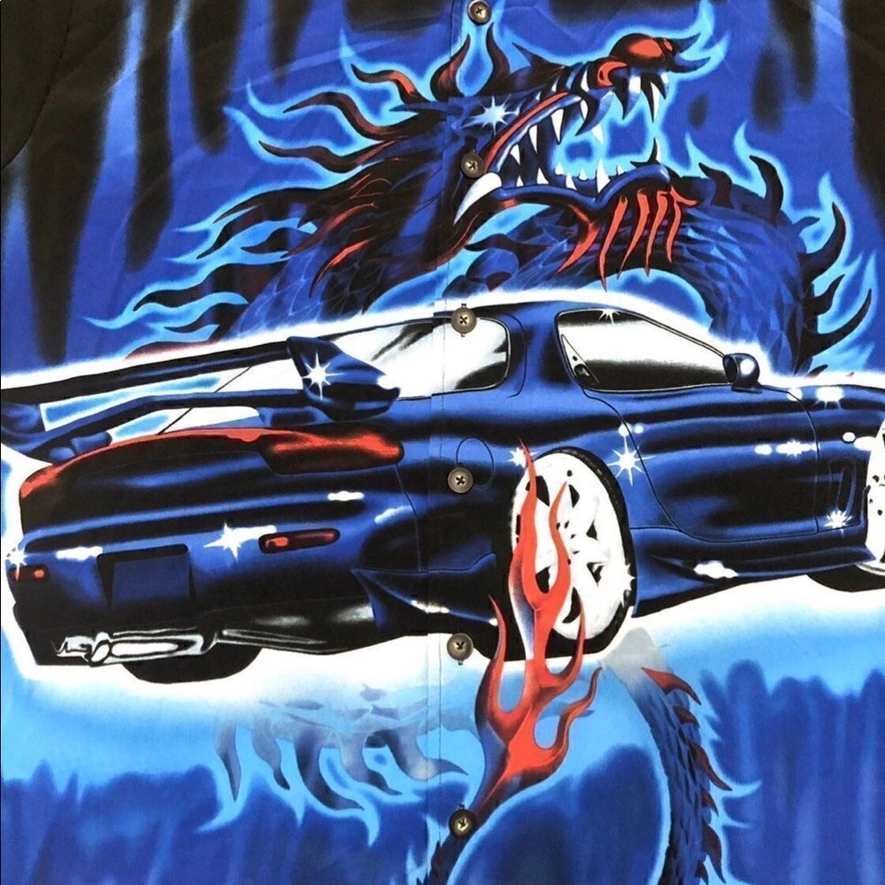 ODO mens black dragon car retro button down shirt size Large - Picture 2 of 8